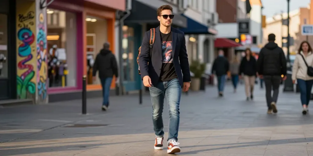 Stijlvolle man in herenmode die door een drukke stad loopt met casual outfit.