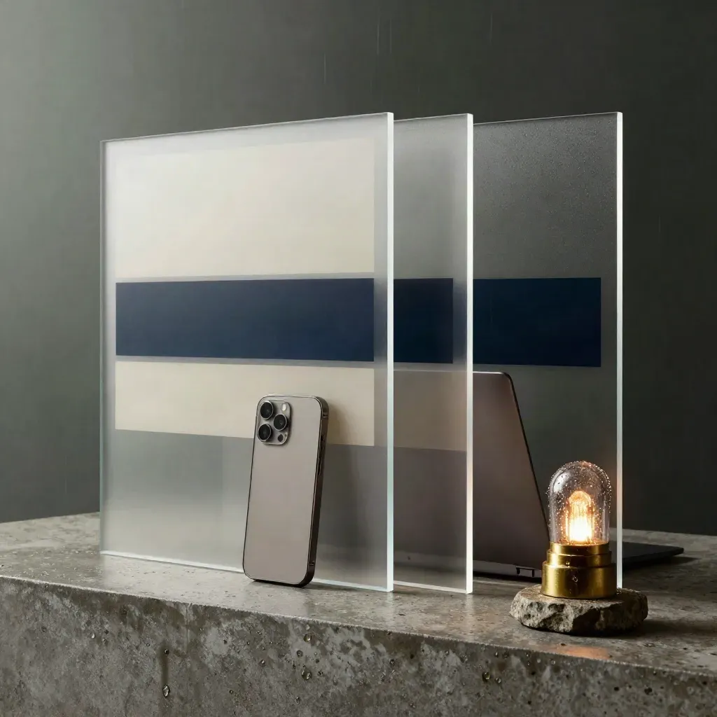 Frosted panelen, smartphone en signaallamp op natte steen in een mistige ochtendsetting.