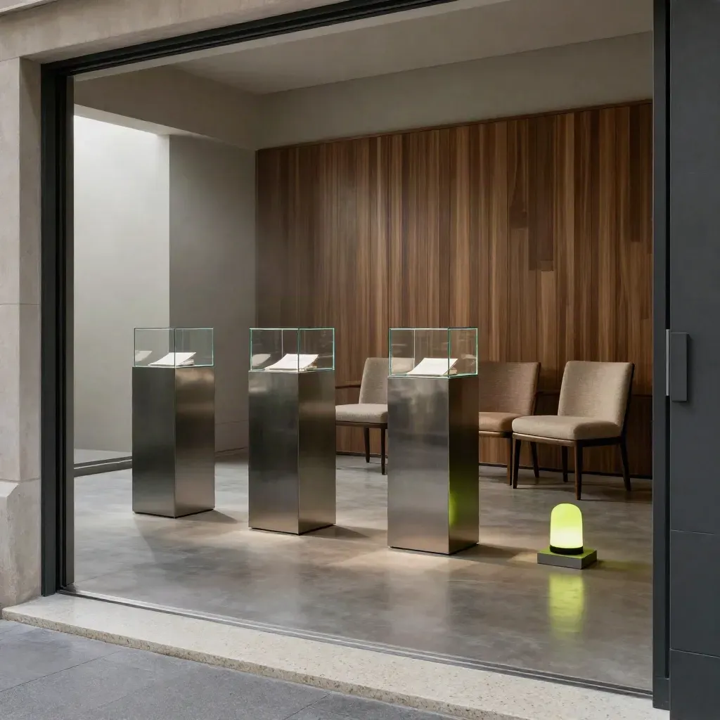 Lege glazen demosuite met vier verlichte zuilen, twee stoelen en een lime booking beacon.
