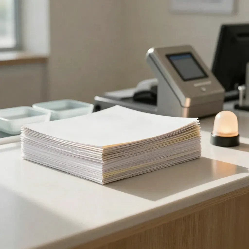 Stille kliniekbalie met intakebakjes, clipboards en zacht gloeiend oproeplicht.